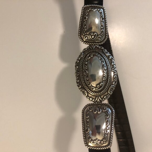 Vintage-Inspired Black Croc Embossed Leather Belt with Ornate Silver Buckle - Picture 1 of 6